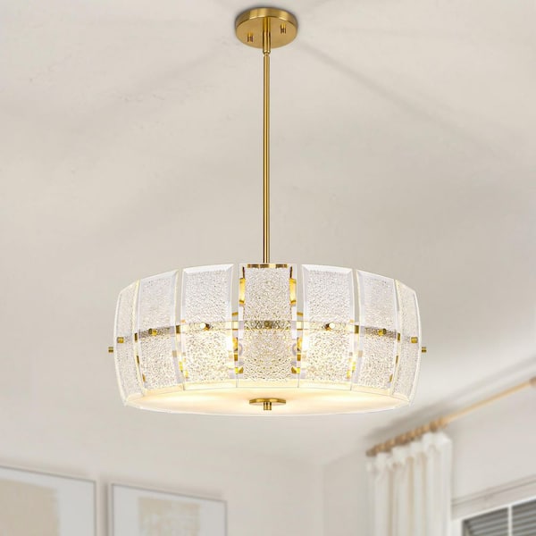 20 in. 5-Light Gold Glass Farmhouse Round Modern Drum Chandeliers for Living Room Hallway Bedroom Foyer