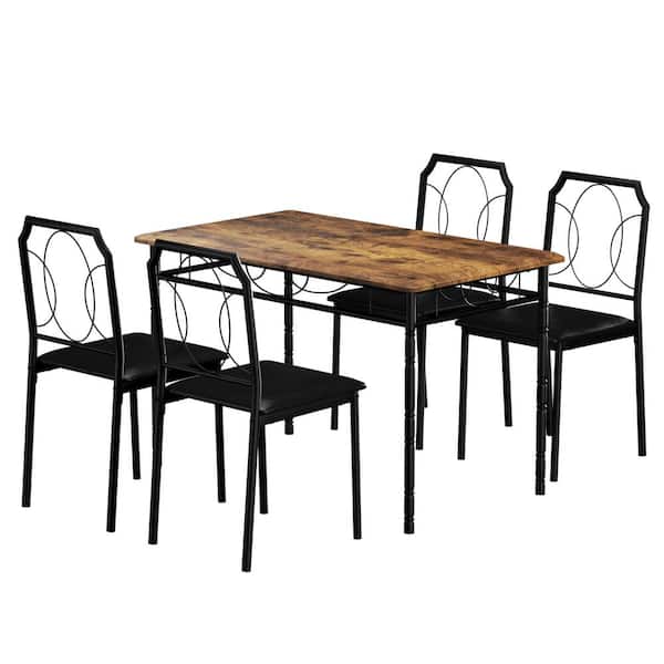 VECELO Dining Table Set For 4, 43.3 in. L, Brown Rectangle Table Set 29.9in.H, Wooden Marble Texture Accent Table With 4 Chairs