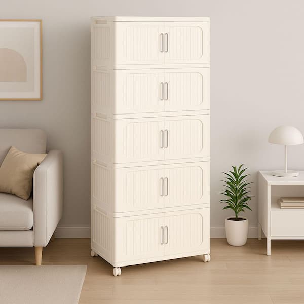 Seafuloy Cream White 50 in. H 5 Tiers Folding Collapsible Storage