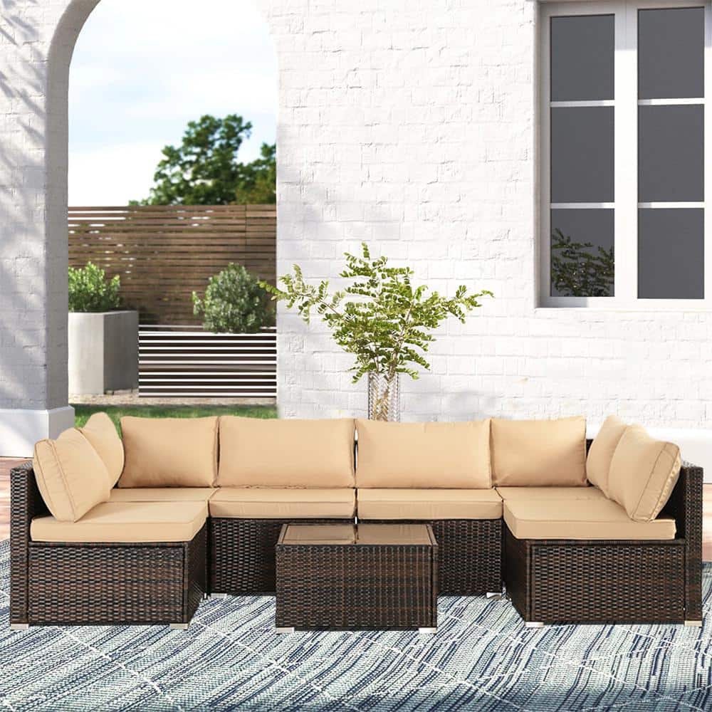 Brown 6-Piece Wicker Patio Outdoor Sectional Set with Brown Cushion for Bac