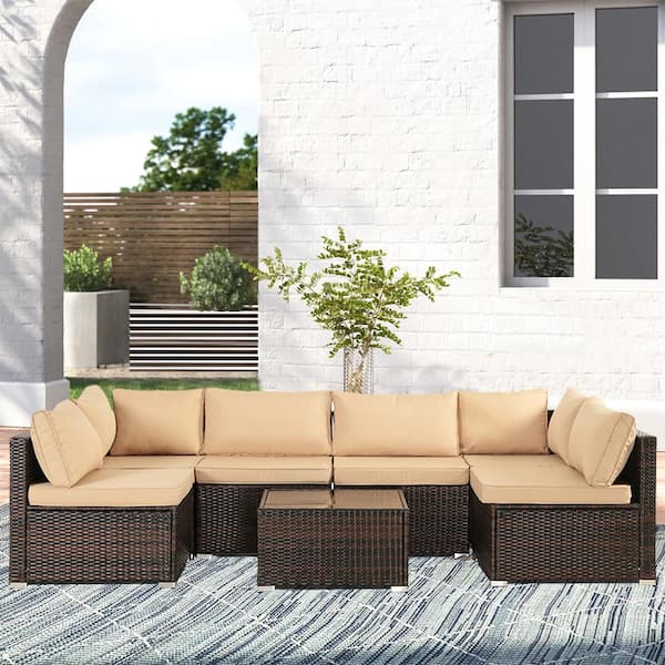 Unbranded Brown 6-Piece Wicker Patio Outdoor Sectional Set with Brown Cushion for Backyard, Garden, Poolside
