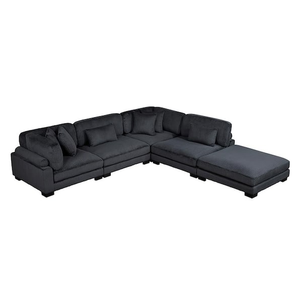 Lazzara Turbo 135 in. Pillow Top Arm 5-Piece Corduroy Fabric Modular Sectional Sofa in. Black with Ottoman