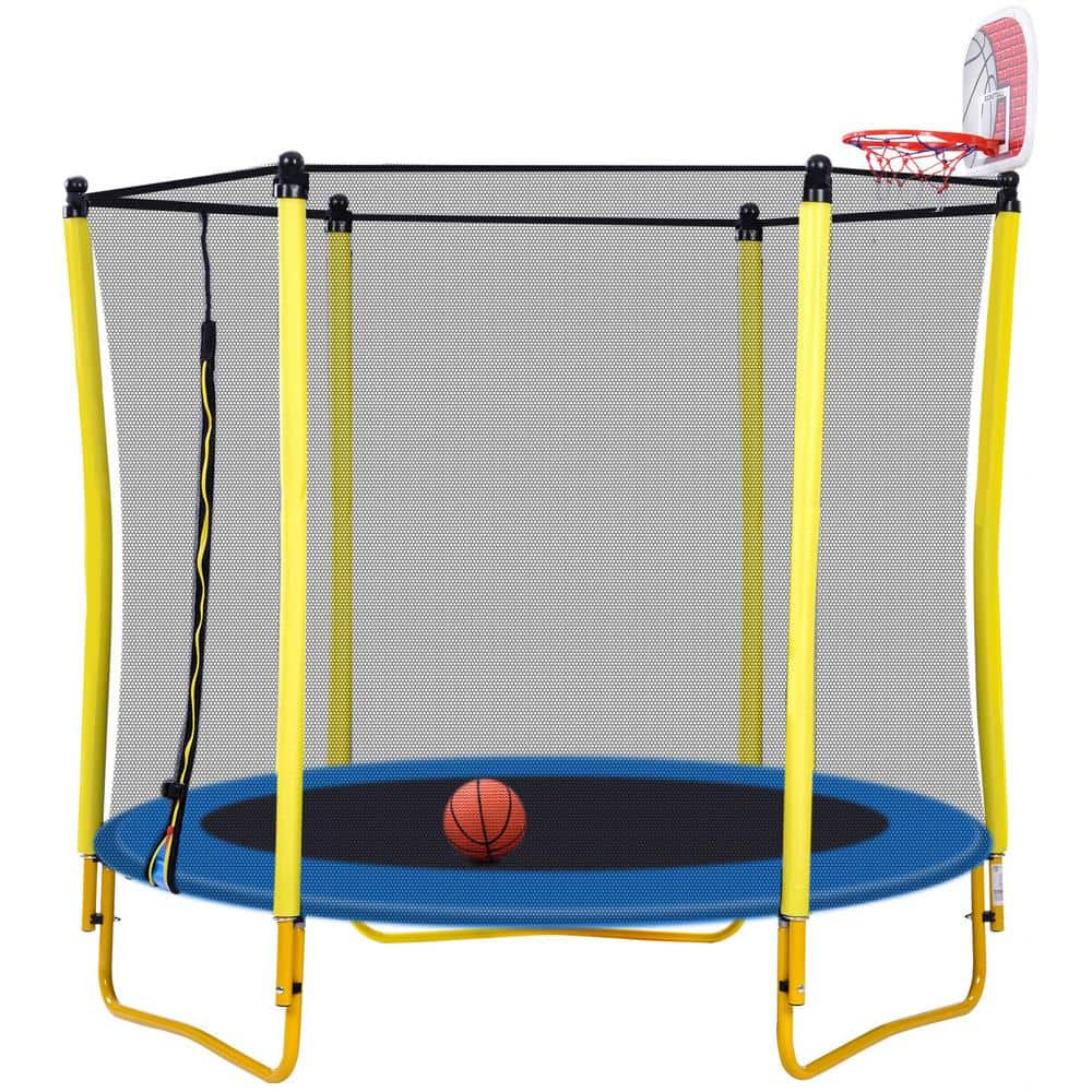 5.5 ft. Yellow Round Mini Toddler Trampoline with Safety Enclosure and Basketball Hoop -  SUNRINX, MG52-12-TP