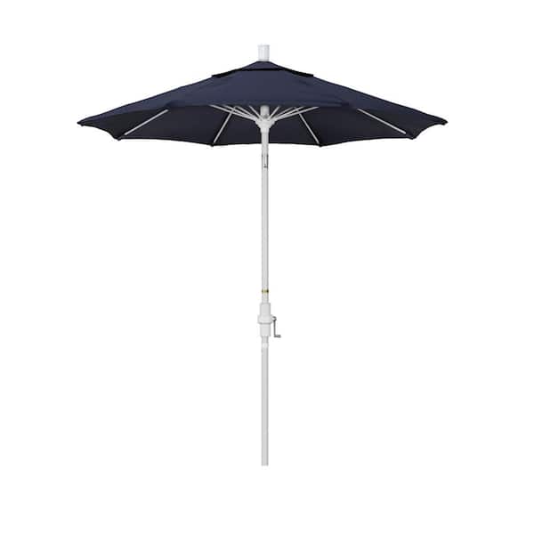 California Umbrella 7.5 ft. Matted White Aluminum Market Collar Tilt Patio Umbrella Fiberglass Ribs and in Navy Sunbrella