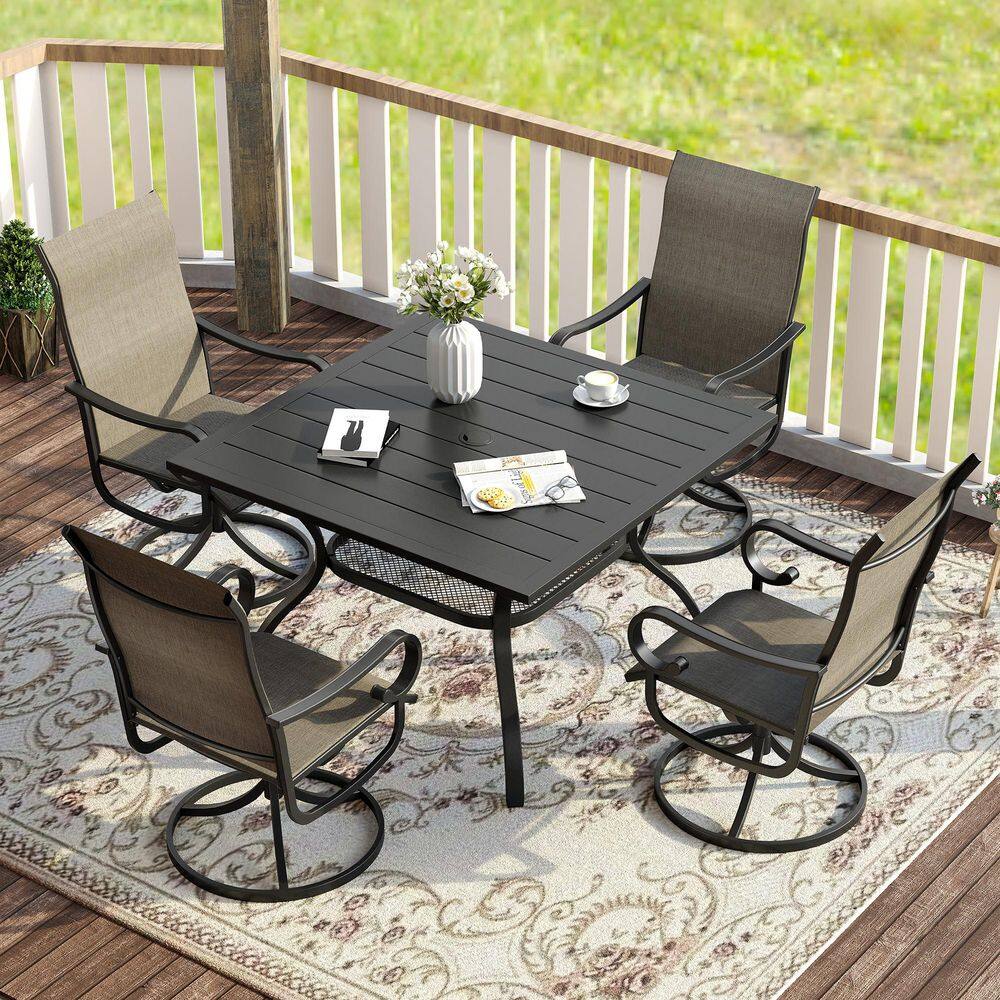5-Piece Outdoor Patio Dining Set with 37.8 in. Black Metal Square Table and 4-Brown Textilene Swivel Chairs price history on PriceWatchPro