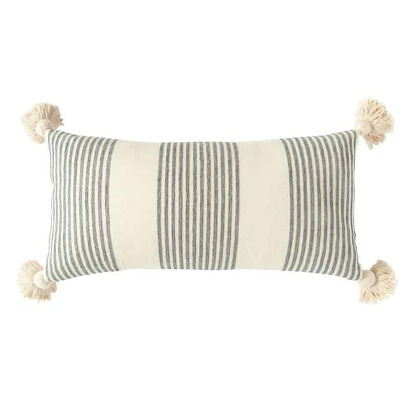 Storied Home Grey Striped Cotton and Chenille 27 in. x 14 in. Throw Pillow