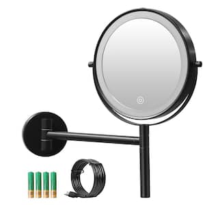 8 in. W x 13 in. H Round Magnifying Telescopic LED Wall Mount Bathroom Makeup Mirror in Black