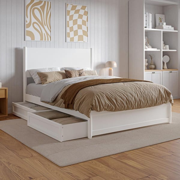 Ronan White Wood Frame Full Platform Bed with Footboard and Storage Drawers