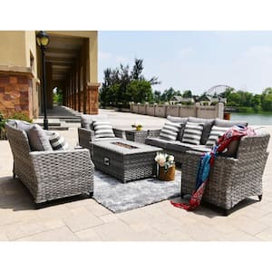 Ressam Gray Frame 6-Pieces Wicker Patio Conversation Fire pit Set With Gray Cushions