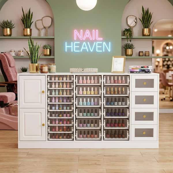 White Wood and Acrylic 59 in. W Jewelry Armoire, Collectibles Cabinet, Nail Polish Storagee with 2-Shelf and 25 Drawers