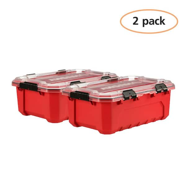 12 Gal. Professional Heavy Duty Waterproof Stackable Plastic Storage Container with Hinged Lid in Red (2-Pack)