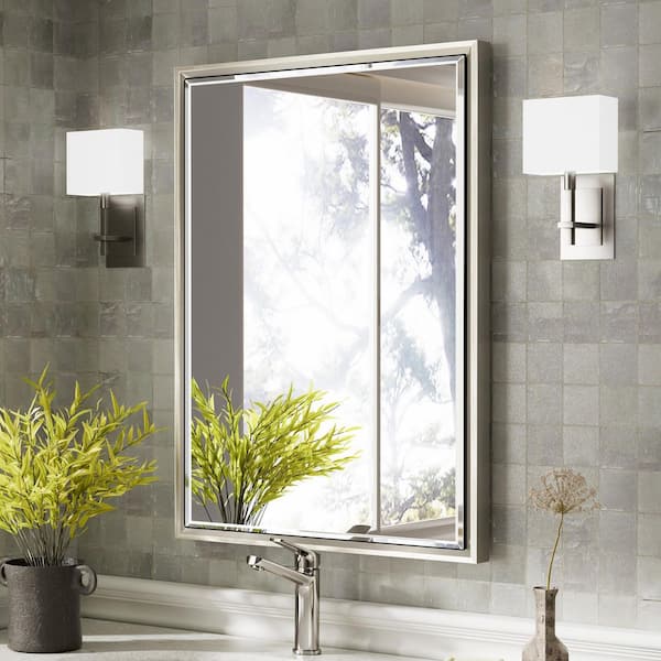 QueenFun OnaBella 24 in. W x 32in. H Rectangular Aluminum Thin Framed Wall Mount Beveled Bathroom Vanity Mirror in Brushed Nickel