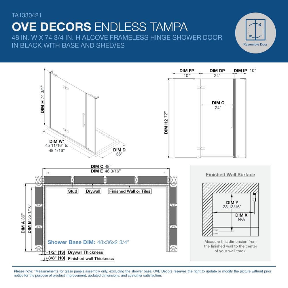 Tampa 48'' Black Frameless Rectangle Shower Kit with Shelves