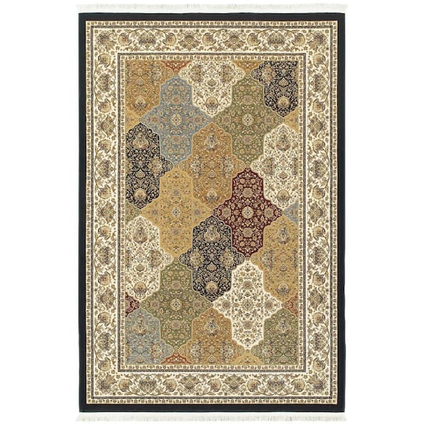 7 ft. x 10 ft. Navy Blue Tan And Ivory Oriental With Fringe Area Rug