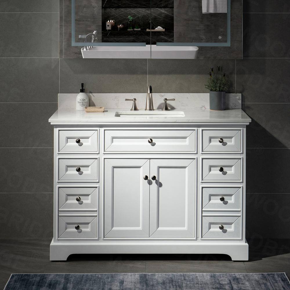 WOODBRIDGE 49 in. W x 22 in. D x 38 in. H Bath Vanity in White with Carrara White Engineered