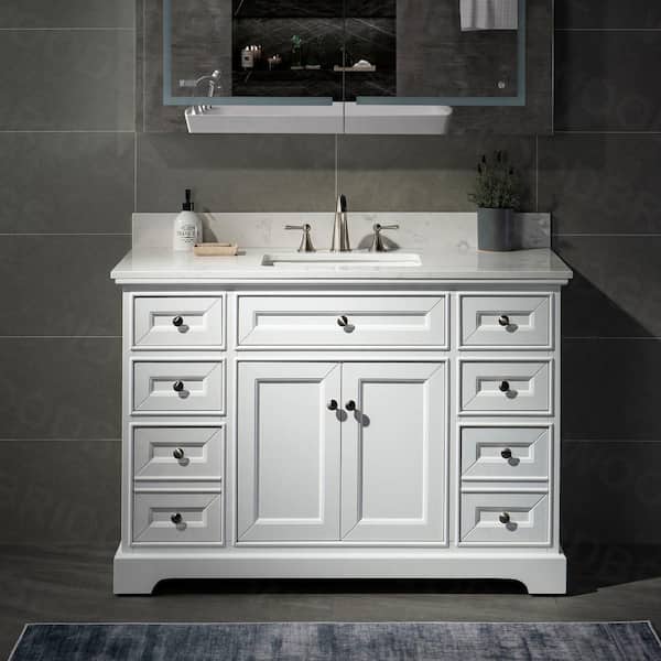 WOODBRIDGE 49 in. W x 22 in. D x 38 in. H Bath Vanity in White with Carrara White Engineered Marble Vanity Top with White Basin