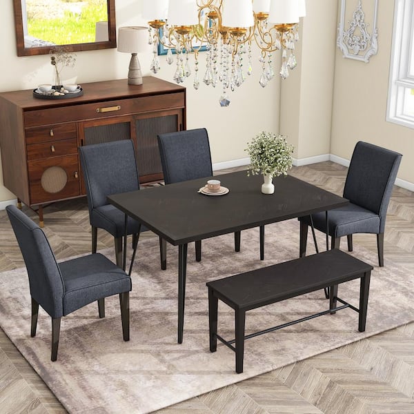 Harper & Bright Designs Espresso 6-Piece Oak Top Dining Table Set with 4-Dark Gray Upholstered Chairs, 1-Wood Bench, Black Iron Table Legs