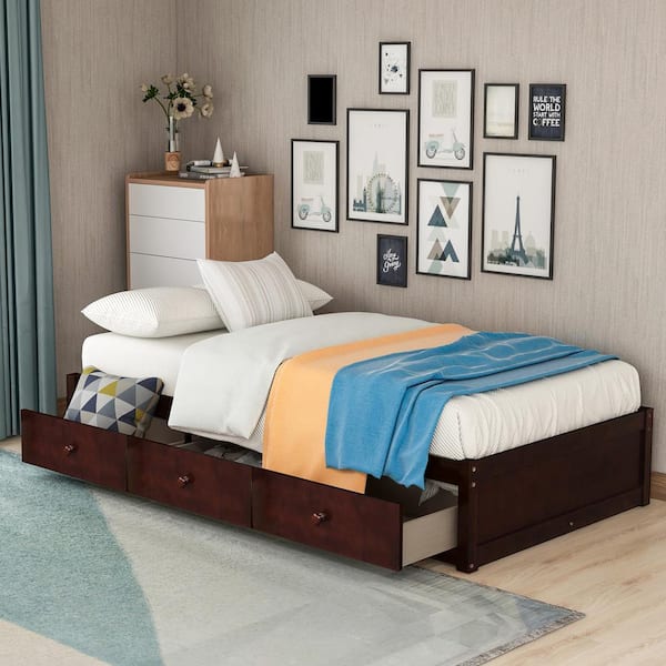 Harper & Bright Designs Cherry Twin Size Platform Storage Bed with 3 Drawers Storage