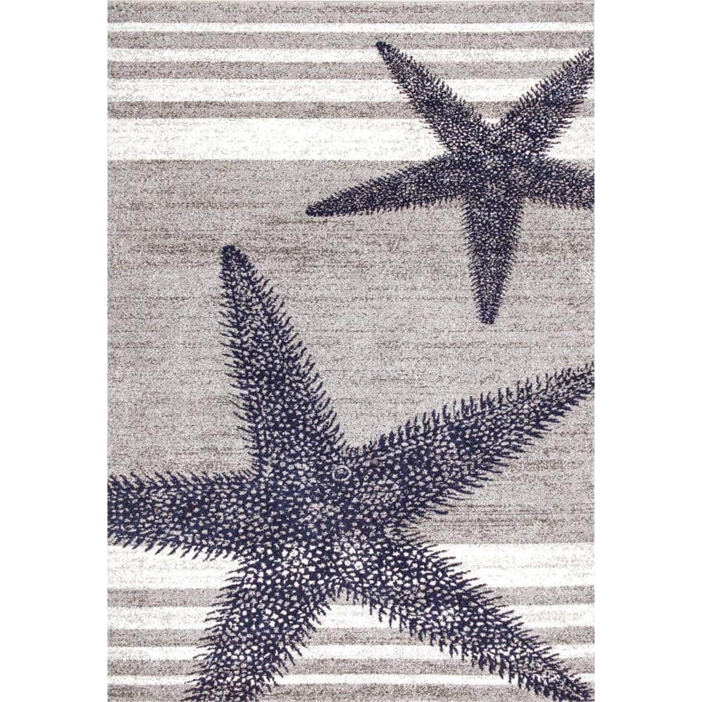 Coastal Charm Gray Stripe and Starfish 49" Wool-Blend Area Rug