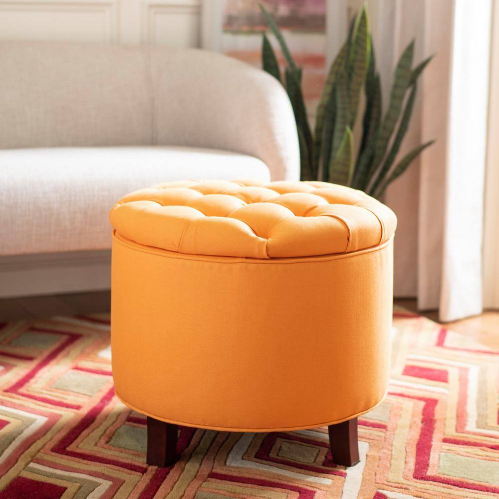 Tangerine Round Tufted Storage Ottoman with Oak Legs