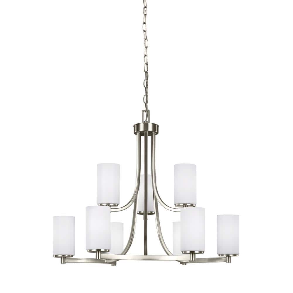 Modern Brushed Nickel 9-Light Chandelier with White Glass Shades