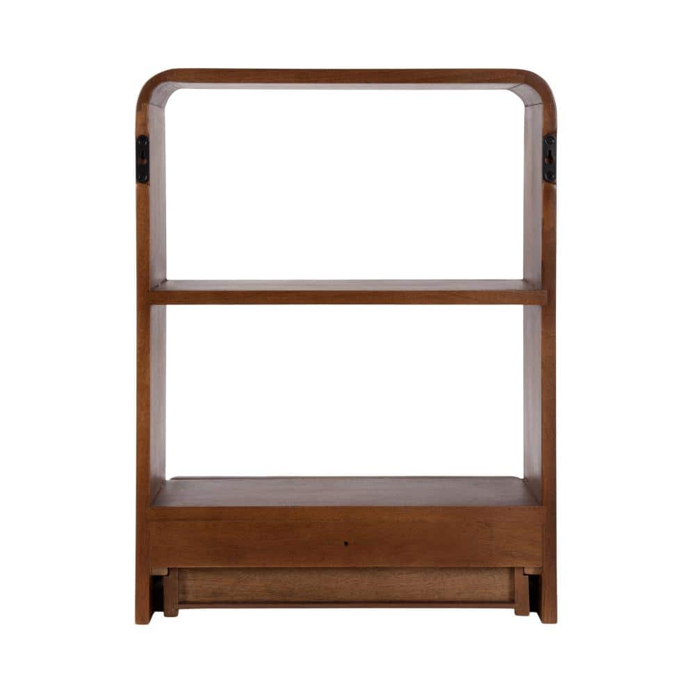 Walnut Brown Mango Wood Floating Wall Shelf with Drawer