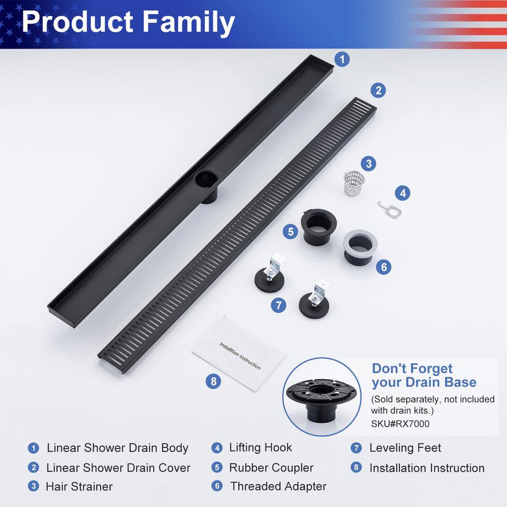 36'' Matte Black Stainless Steel Linear Grid Shower Drain