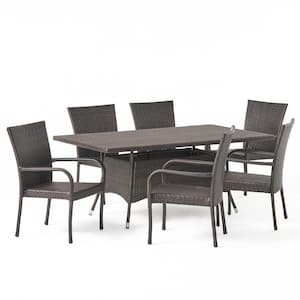 Averie Multi-Brown 7-Piece Faux Rattan Outdoor Patio Dining Set with Stacking Chairs
