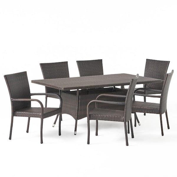 Noble House Averie Multi-Brown 7-Piece Faux Rattan Outdoor Dining Set with Stacking Chairs