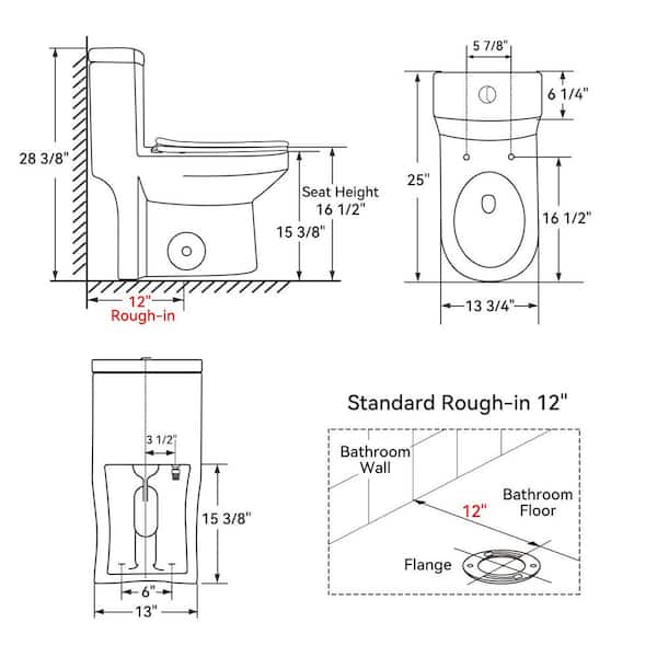 Hanikes 1-Piece 1.1/1.6 GPF Dual Flush Compact Round Toilet