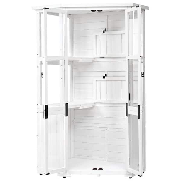Sudzendf 63 in. Garden Wood Storage Cabinet Outdoor Tool Storage Shed, with Waterproof-Roof and Lockable Door in White