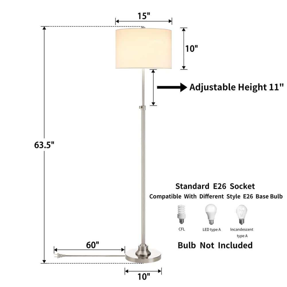 63.5" Brushed Nickel Adjustable Floor Lamp with White Linen Shade