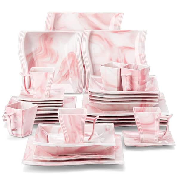 (30-Piece) Marble Pink Porcelain Dinnerware Set Service for 6-Dining Set Kitchen Tableware with Plates Cups and Saucers