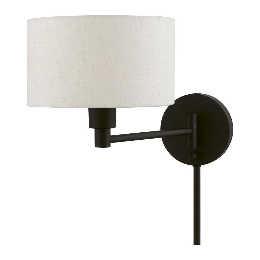 Transitional Black Swing Arm Wall Lamp with Oatmeal Fabric Shade