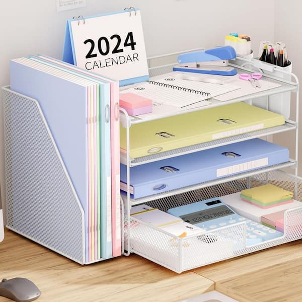 15.5 in x 9.3 in White Metal Desk Organizer and Accessories, 4-Tier Desktop File Organizer with Drawer and 2 Pen Holders