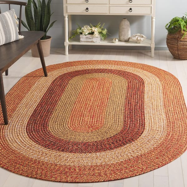 Braided Rust/Red 6 ft. x 9 ft. Machine Washable Solid Striped Border Oval Area Rug