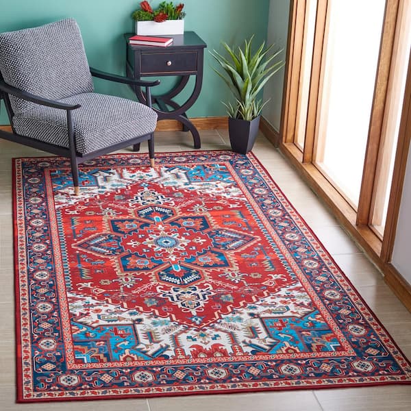 Tuscon Red/Blue 4 ft. x 6 ft. Machine Washable Floral Area Rug