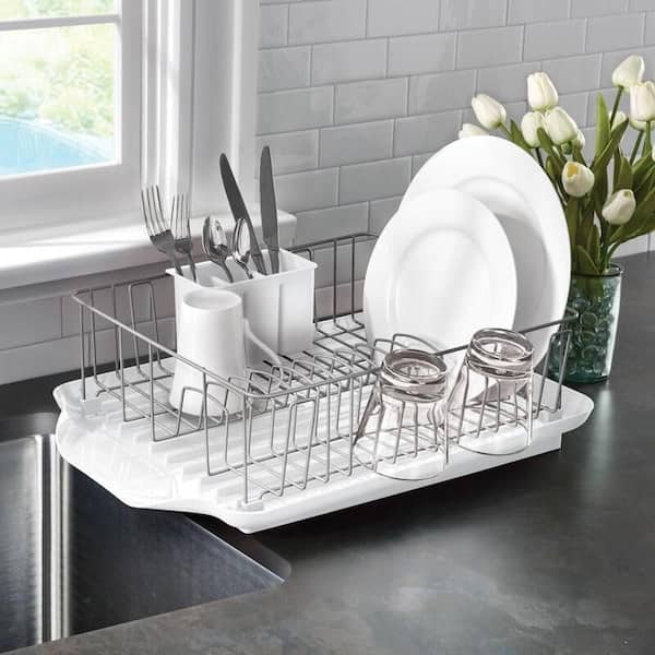 Classic Large Rust-Resistant Dish Rack with Removable 3-Compartment Flatware Caddy and Angled Drain Board, White