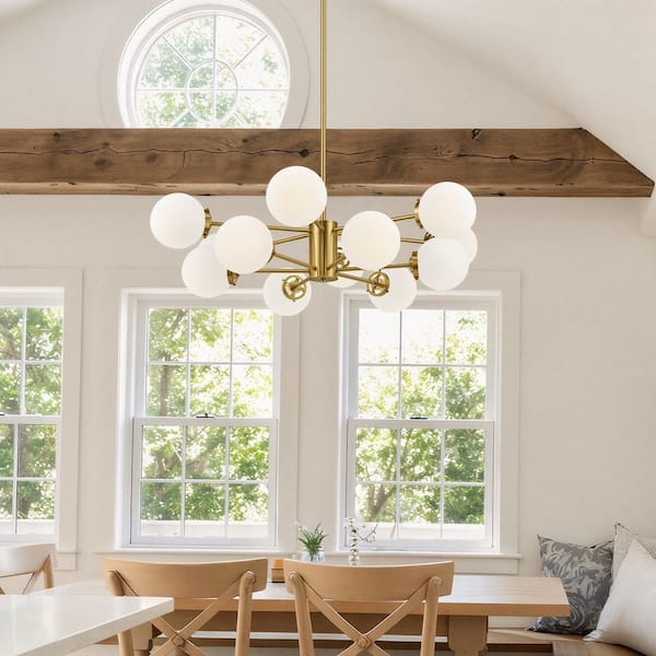12-Light Brushed Brass Sputnik Style Pendant Design Chandelier with Glass Shades for Dining Room with No Bulbs Included