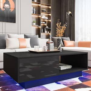 37 in. Black LED Rectangle Wood Top Coffee Table with Storage