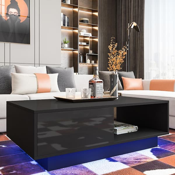 WOODYHOME 37 in. Black LED Rectangle Wood Top Coffee Table with Storage