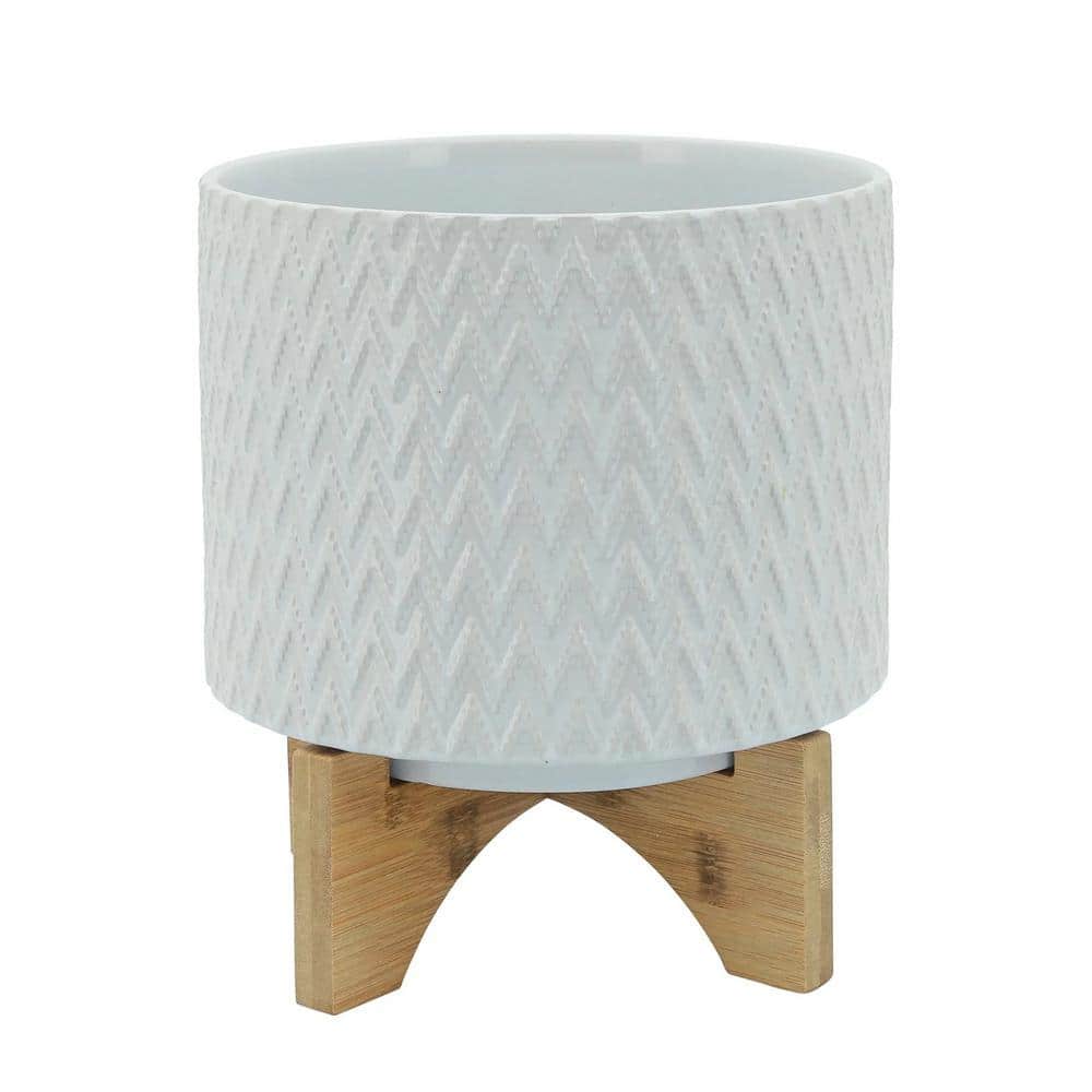 Wood Ceramic Planter with Chevron Pattern and Wood Stand For Flower And Veg