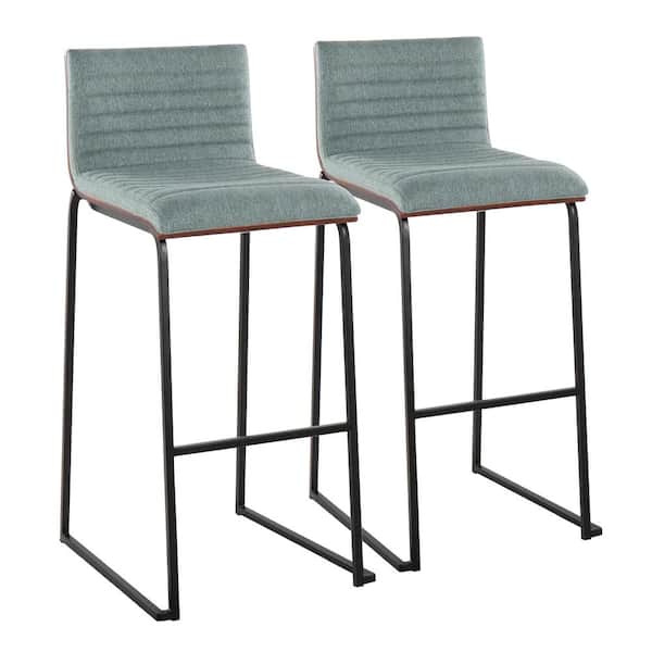 Lumisource Mason Mara 38.75 in. Green Fabric and Black Metal High Back Bar Height Bar Stool with Walnut Wood Seat Back (Set of 2)