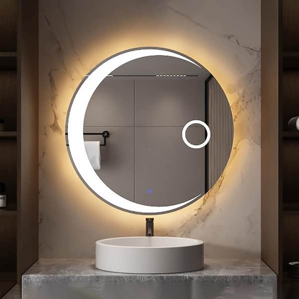 HOMLUX 23.6 in. W x 23.6 in. H Round Frameless with LED Light Anti-Fog Wall Mounted Bathroom Vanity Mirror