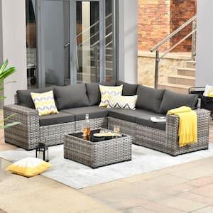 Tahoe Gray 6-Piece Wicker Extra-Wide Arm Outdoor Patio Conversation Sofa Set with Black Cushions