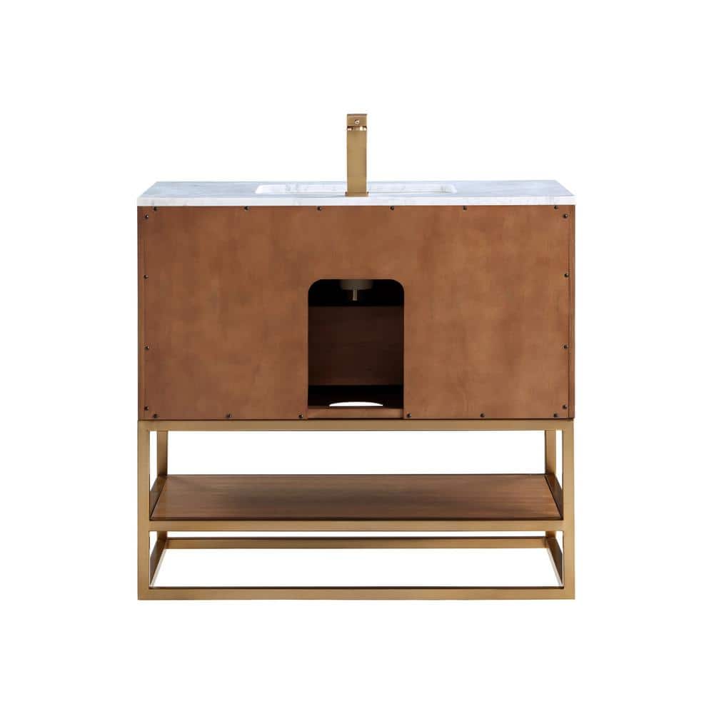 Walnut and Satin Brass 36" Single Bathroom Vanity with Carrara Marble Top