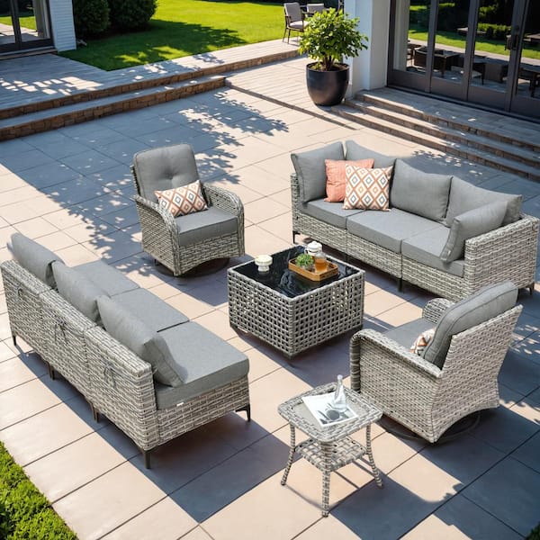 HOOOWOOO Holston 10-Piece Wicker Outdoor Patio Conversation Sofa Sectional Set with Swivel Rocking Chairs and Dark Grey Cushions