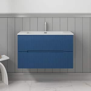 31 in. W x 18 in. D x 20 in. H Wall Mounted Floating Bath PVC Vanity Cabinet in Navy Blue with White Basin and Sink