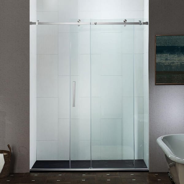 60 in. W x 76 in. H Frameless Single Sliding Shower Door in Brushed Nickel with 5/16 in. (8 mm) Clear Glass