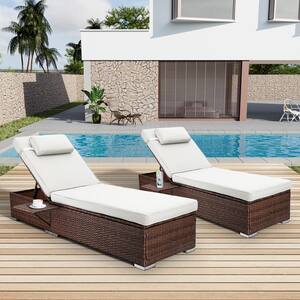 2-pieces Wicker Outdoor Chaise Lounge with Adjustable Backrest & Beige Cushions